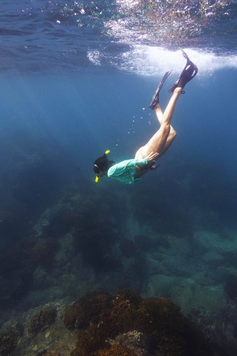 Una persona descendiendo con snorkel sobre un arrecife